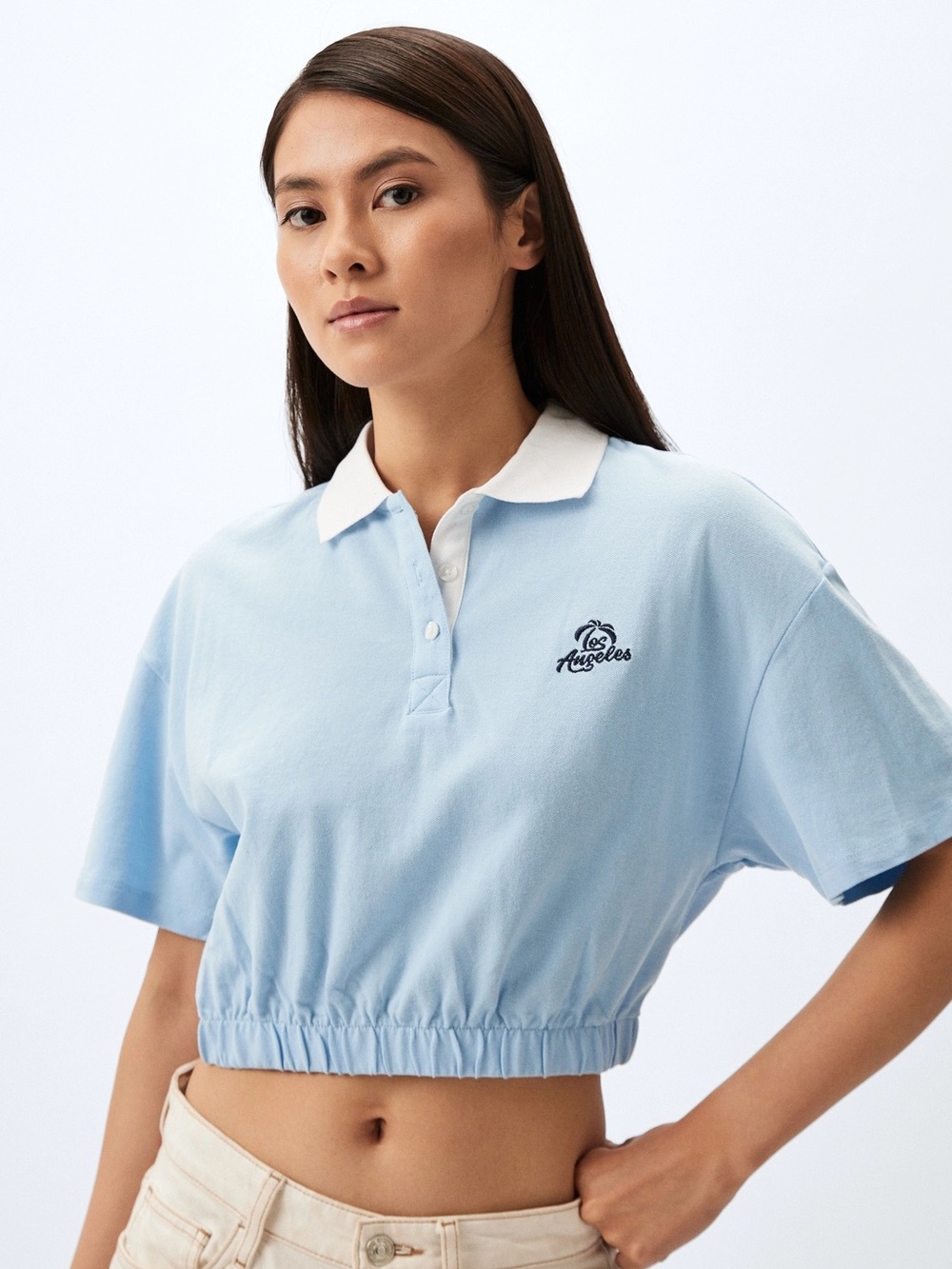 H&M Pale Blue Cropped Polo Top with White Collar